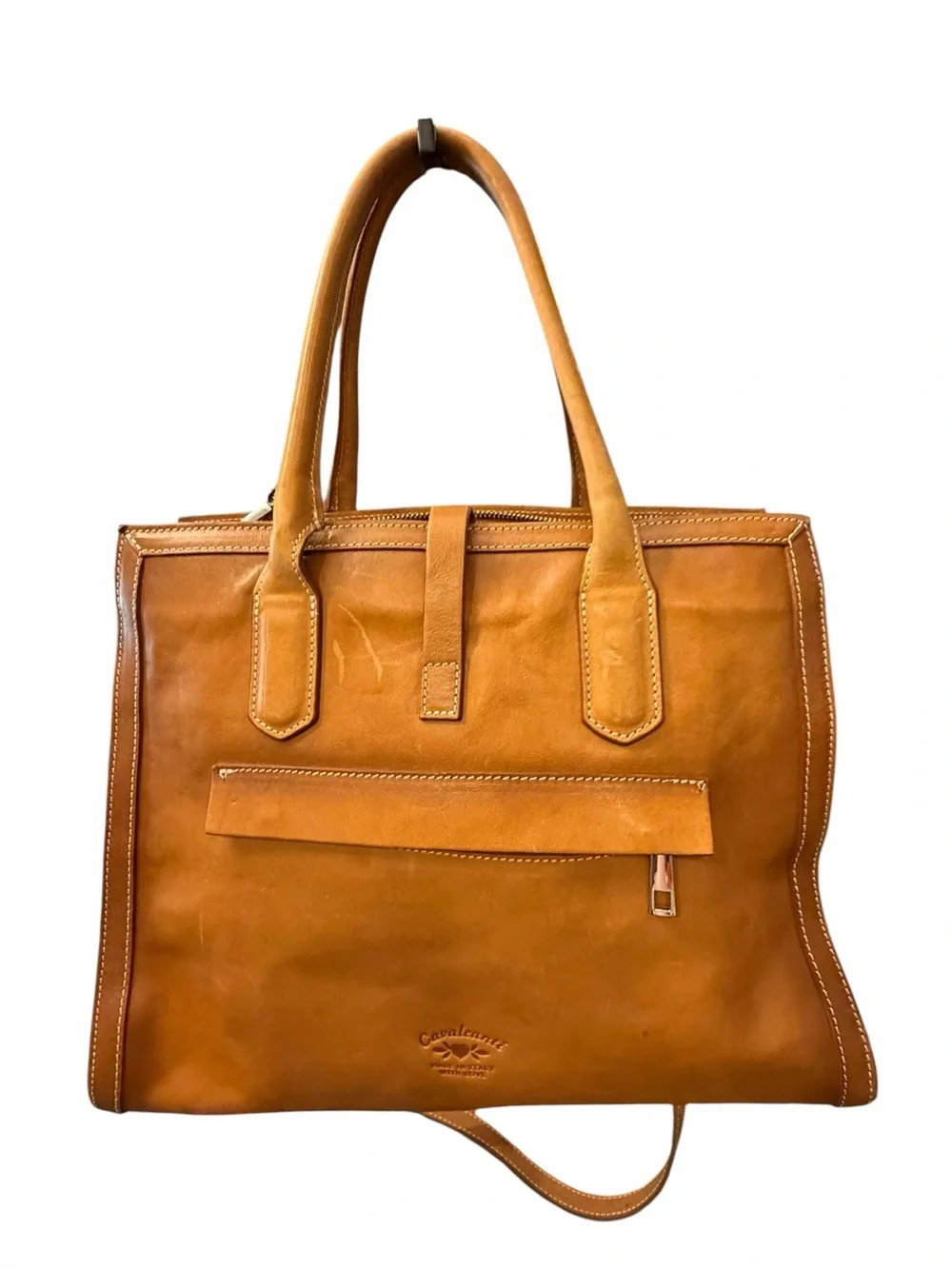Cavalcanti Italian Satchel Shoulder Bag Cognac Brown Burnished Leather Western